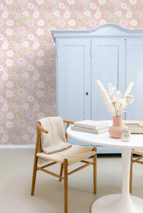 ESTAhome behang bloemen in Matisse stijl lichtpaars, groen en oranje - 53 cm x 10.05 m - 131002