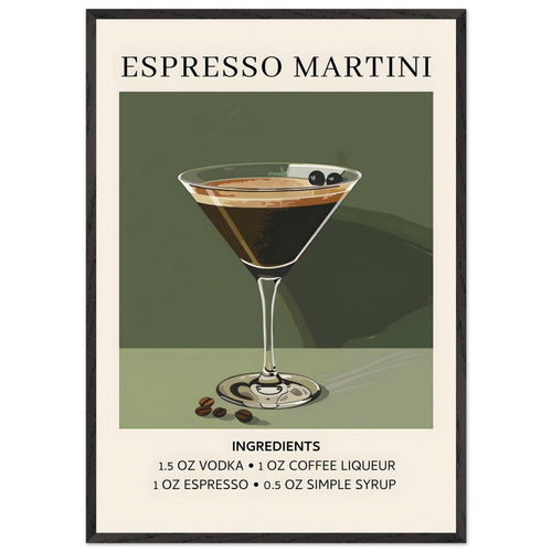 Artfulprints Poster met Lijst Espresso Martini cocktail - Ingrediënten   - 70x100 cm - Donkergroen