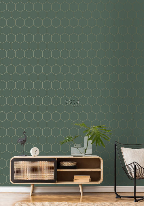 ESTAhome behang hexagon donkergroen en goud - 53 cm x 10.05 m - 139228