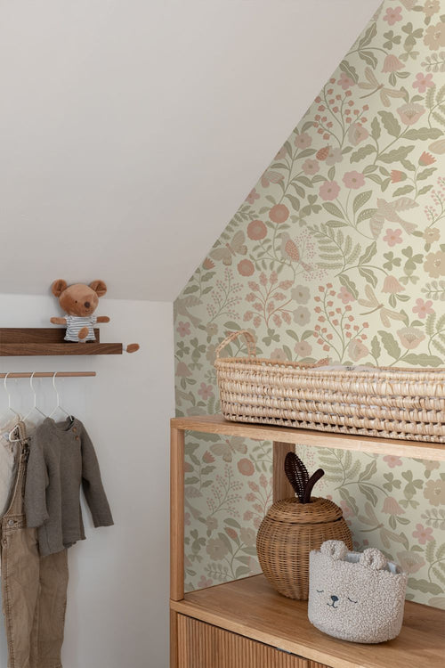 ESTAhome behang bloemen en vogels groen en roze - 53 cm x 10.05 m - 139869