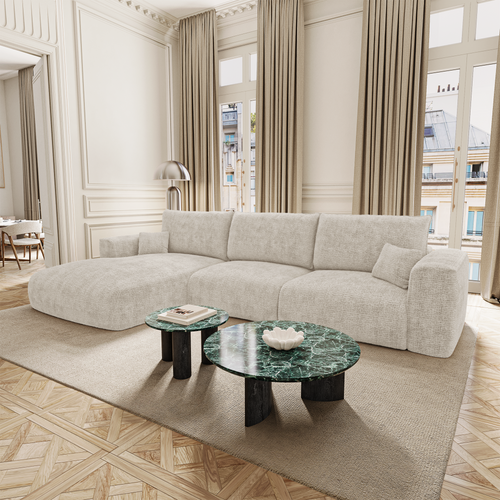 Premium Interiors - Linkerhoekbank met snelle uitklapfunctie COMO - zacht aanvoelende geweven stof crème 300cm