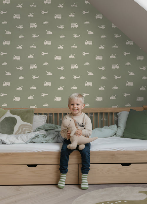 ESTAhome behang auto's, brandweerauto's, helikopters en kranen groen 50 x 900 cm 131454