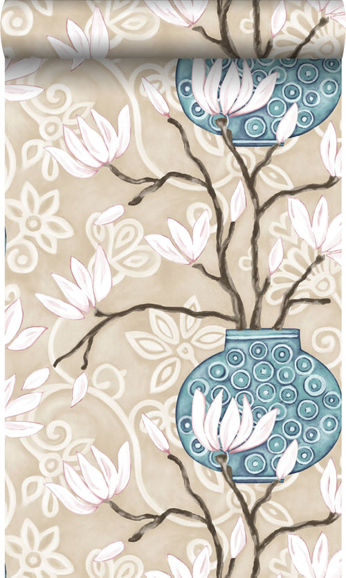 Origin Wallcoverings behang magnolia beige en turquoise - 53 cm x 10,05 m - 346923 - vtwonen shop