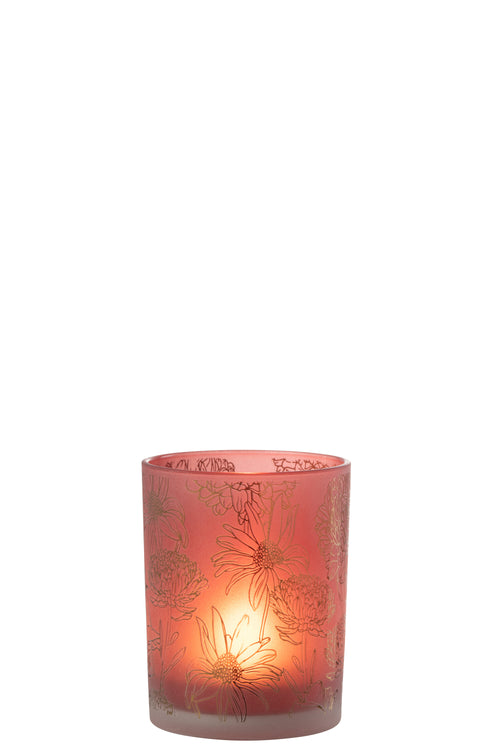 J-Line windlicht bloemen - glas - mat rood/goud - medium