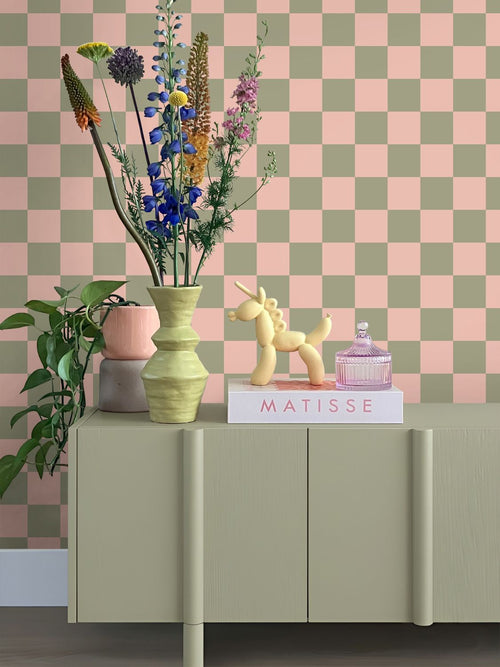 ESTAhome behang geblokt motief groen en roze - 50 x 900 cm - 131999