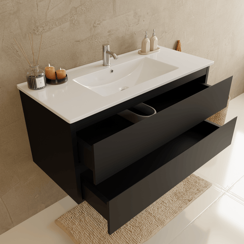 LOMAZOO badmeubelset Verona - met hoge kast & witte wastafel - mat zwart - 100 cm