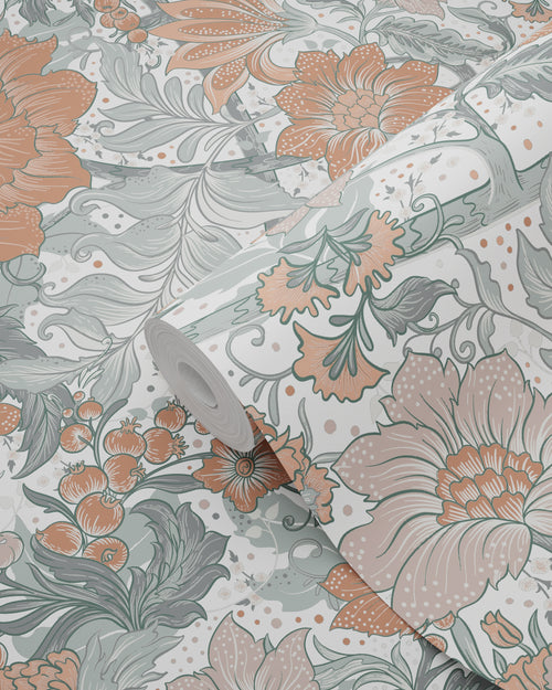 ESTAhome behang vintage bloemen blauwgroen en terracotta - 50 x 900 cm - 131193