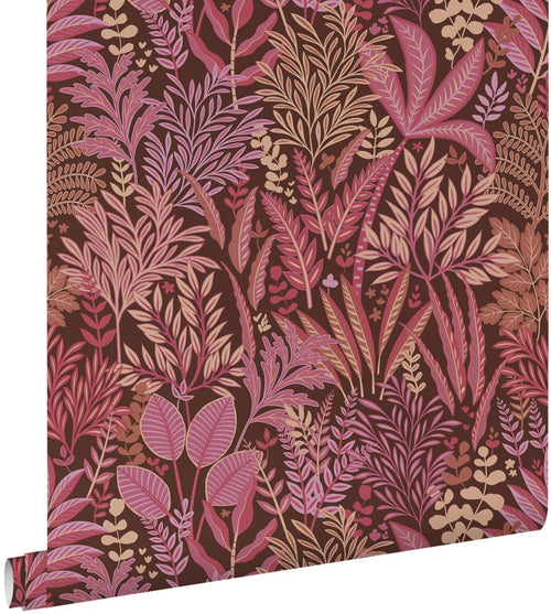 ESTAhome behang tropische bladeren en bloemen aubergine paars en roze - 50 x 900 cm - 131664