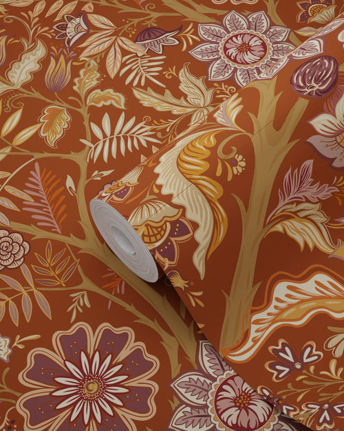 ESTAhome behang vintage bloemen terracotta bruin en donker paars - 50 x 900 cm - 131333 - vtwonen shop