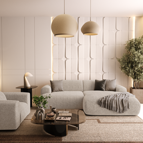 Sia Home - Rechthoekige hoekbank MYRA - fluweel met patronen beige 266cm