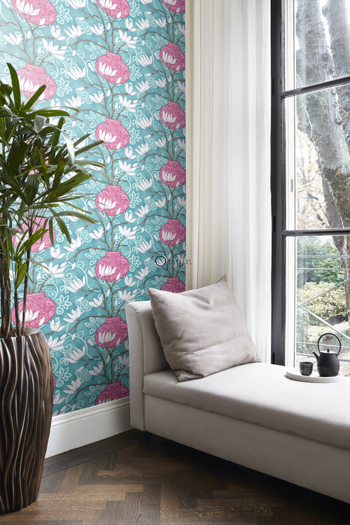 Origin Wallcoverings behang magnolia turquoise en roze - 53 cm x 10,05 m - 346925 - vtwonen shop