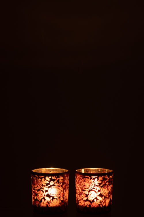 J-Line windlicht Bloemen - glas - paars/zilver - small - 2 stuks