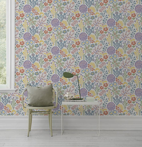 Borastapeter behang tropische bladeren en bloemen paars, geel en blauw - 53 cm x 10.05 m - 660795