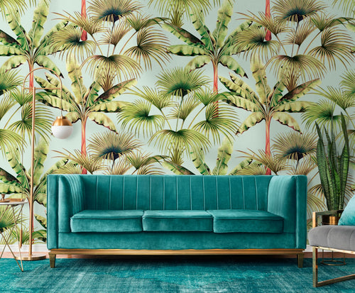 Livingwalls fotobehang jungle-motief lichtblauw, groen en rood - 159 x 280 cm - AS-391831