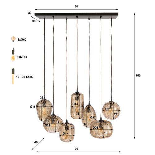 Giga Meubel Hanglamp Chevron - Bruin Glas - 7-lichts - 96x40x150cm