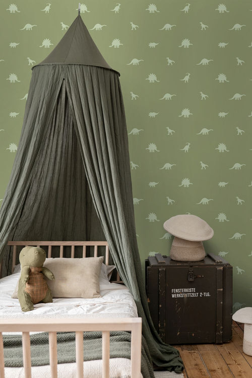 ESTAhome behang dinosaurussen vergrijsd groen - 50 x 900 cm - 131804