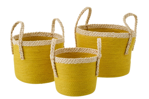 J-Line mand met handvatten - papier - naturel/mosterdgeel - set van 3