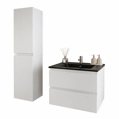 LOMAZOO badmeubelset Verona - met kolomkast & zwarte wastafel - glanzend wit - 60 cm
