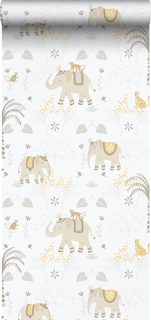 Sanders & Sanders behang olifanten grijs, geel en wit - 53 cm x 10.05 m - 640628
