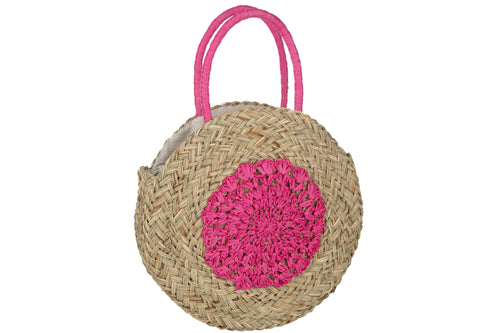 J-Line strandtas Rond Bloem - zeegras - naturel/fushia - vtwonen shop