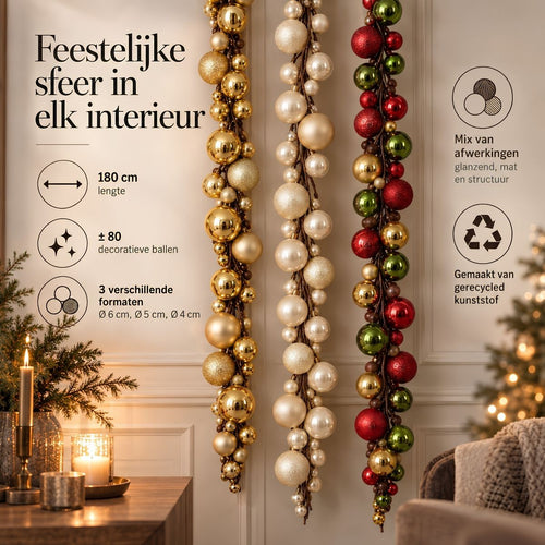 Mica Decorations Kerstslinger Goud 180 cm - Gouden Kerstslinger met Kerstballen - Kerstdecoratie voor Schouw, Trap of Kerstboom - Gemaakt van