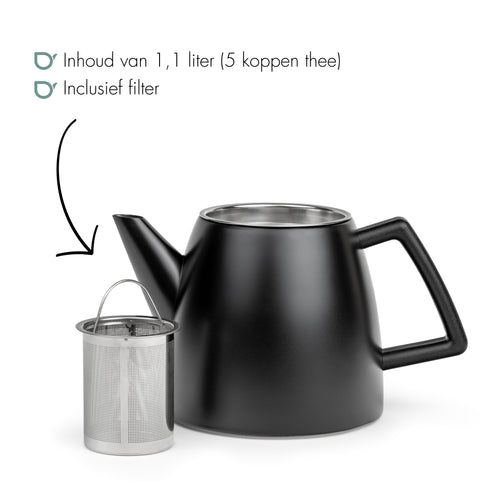 Bredemeijer - Dubbelwandige theepot Odense - 1,1 liter - Mat zwart - Met filter - vtwonen shop