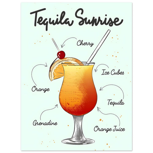 Artfulprints  Tequila Sunrise cocktail – Illustratie   poster 30x40 cm