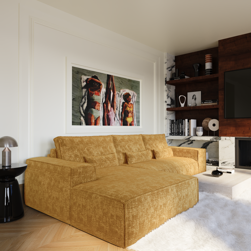 Premium Interiors - Linkshoekbank met snelle uitklapfunctie JUNE - gewaafd fluweel mosterd 320cm