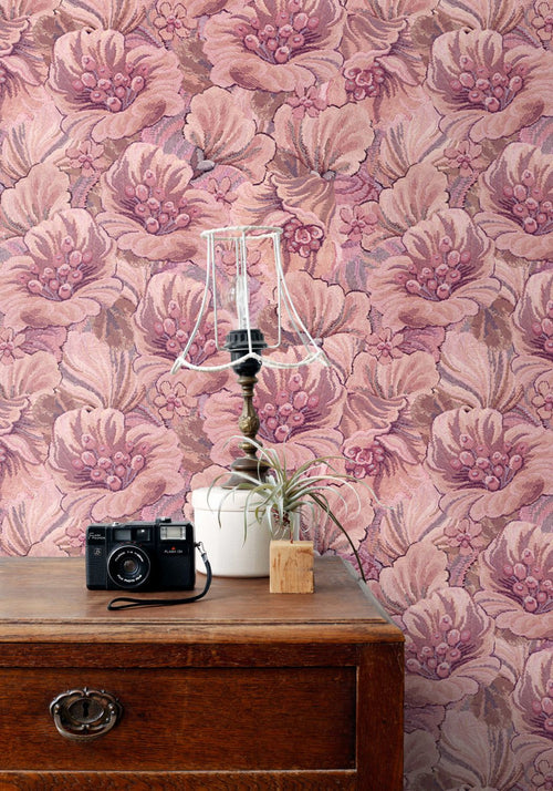 ESTAhome behang geborduurd bloemmotief paars en roze - 50 x 900 cm - 131293