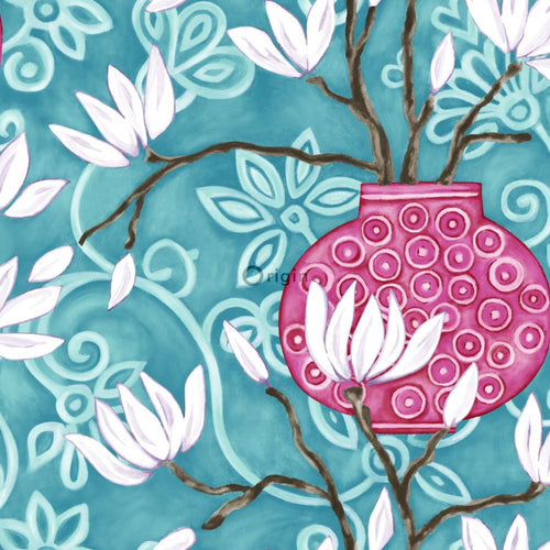 Origin Wallcoverings behang magnolia turquoise en roze - 53 cm x 10,05 m - 346925 - vtwonen shop