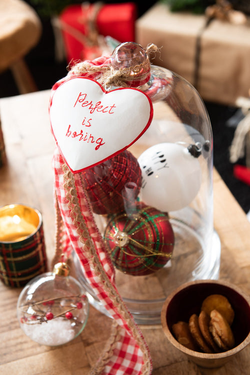 J-Line kerstbal Geruit - fluweel/glas - rood/groen - small - doos van 6