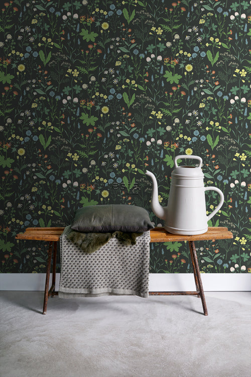 ESTAhome behang veldbloemen multicolor op zwart - 53 cm x 10.05 m - 139392
