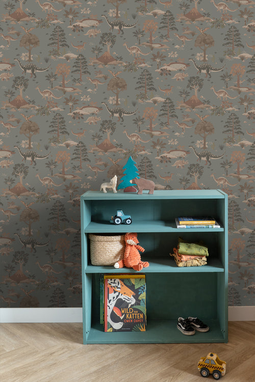 ESTAhome behang dinosaurussen vergrijsd blauw en bruin - 50 x 900 cm - 131656