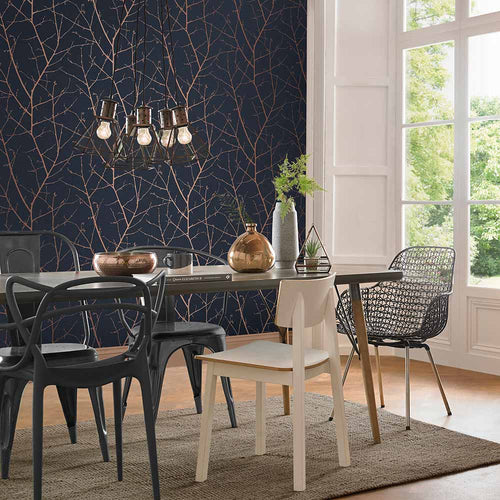 Graham & Brown Behang Boreas (Donkerblauw/Koper) 10mx53cm