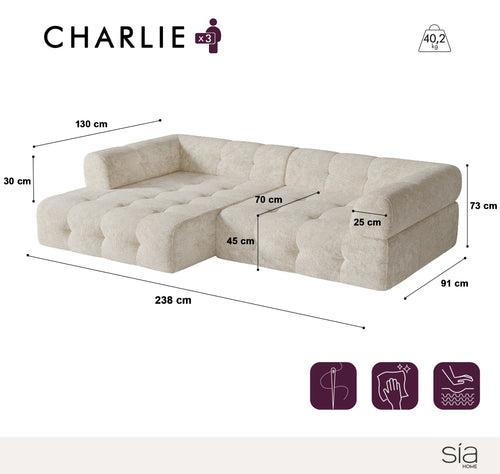 Sia Home - Hoekbanken links CHARLIE - Chenille fluweel - Mol - 238cm