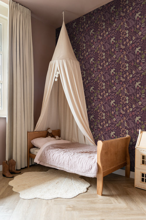 ESTAhome behang bloemen en vogels aubergine paars - 50 x 900 cm - 131639 - vtwonen shop