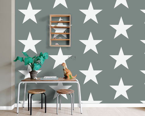 ESTAhome behang sterren vergrijsd groen - 53 cm x 10.05 m - 138950