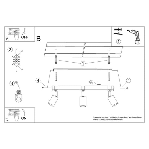 Sollux Lighting Plafondlamp FAGER 3 zwart - 54x6x17,2cm