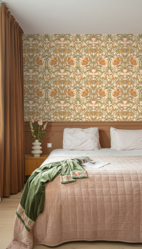 ESTAhome behang vintage bloemen in art nouveau stijl groen, oranje en beige - 50 x 900 cm - 131697
