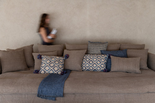 J-Line kussen Vierkant Ruitpatroon - jute/katoen - naturel/blauw - vtwonen shop