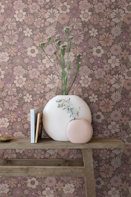 ESTAhome behang retro bloemen oudroze en aubergine paars - 53 cm x 10.05 m - 131135