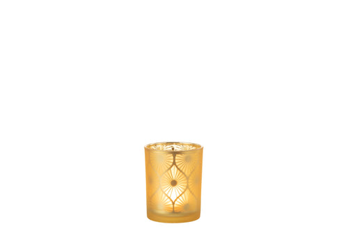 J-Line windlicht Ruit Bloemen - glas - geel - medium - 2 stuks