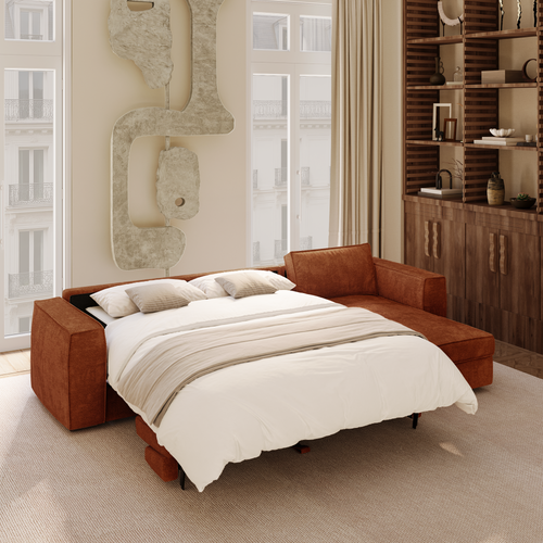 Premium Interiors - Rechthoekige hoekbank MIKA - zacht aanvoelende geweven stof terracotta 292cm