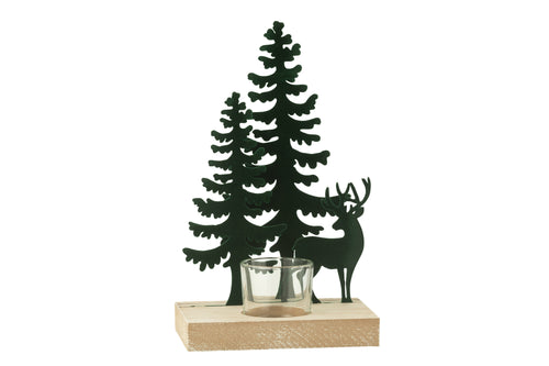 J-Line theelichthouder 1 stuk rendier/bomen - metaal/hout - donkergroen - vtwonen shop
