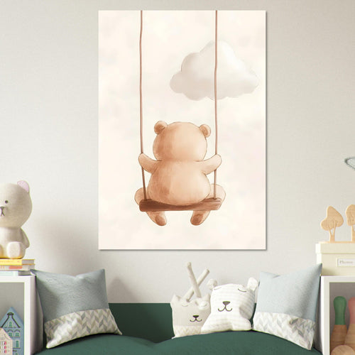 Artfulprints Poster Schommelende knuffelbeer   - 70x100 cm - Bruin