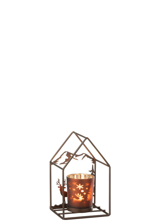 J-Line theelichthouder Huis 1 - glas/ijzer - roestbruin/bruin