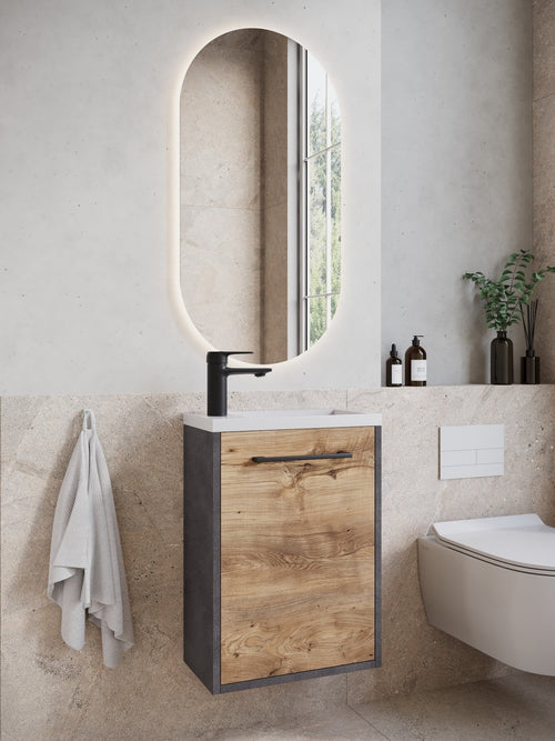 Badplaats Toiletmeubel Florence 40 x 22 cm – Donker Grijs met Kastanje Eiken – Fonteinmeubel met Witte Wastafel