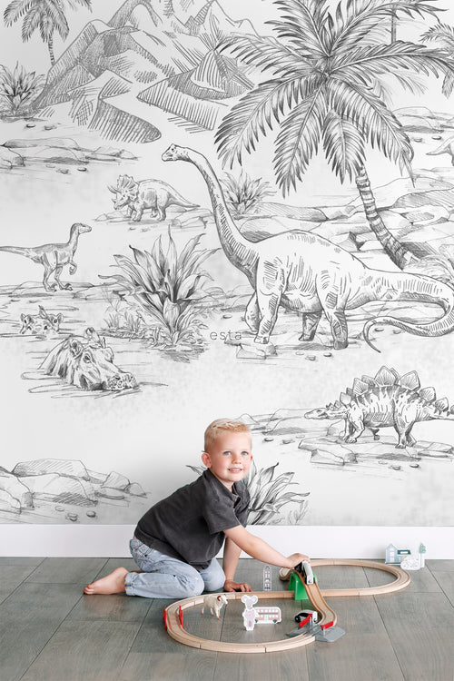 ESTAhome fotobehang dinosaurussen zwart wit - 200 x 279 cm - 159237