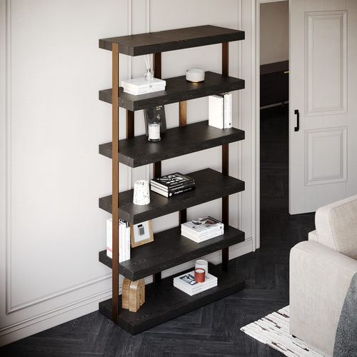Sia Home - Boekenkast ATLAS - MDF met zwart eikenfineer en geborsteld bronzen metalen afwerking - Zwart hout en brons - 110cm