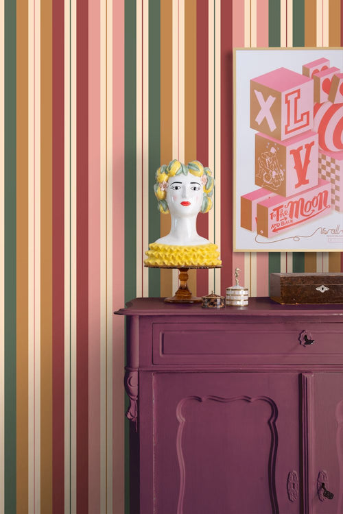 ESTAhome behang strepen roze, bruin, groen en bordeaux rood - 50 x 900 cm - 132039
